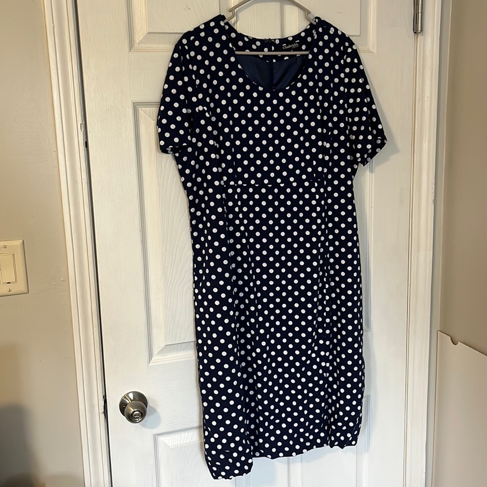Chadwick’s of Boston Navy with white polka dot dress